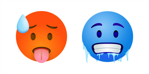 Hot and cold emoji. Overheated emoticon, red face with tongue stuck out, and blue face with clenched teeth.