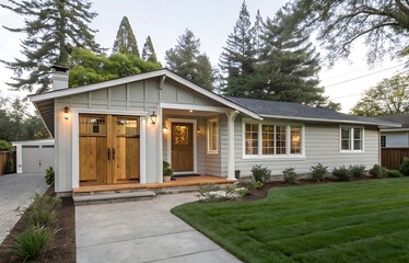 A gray ranch style model Hedges around modern house
