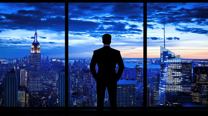 Fototapeta premium Executive leader reflecting while gazing at metropolitan skyline