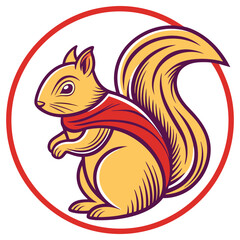 Standing Squirrel with Bushy Tail Inside Red Circle, Cartoon Icon, White Background