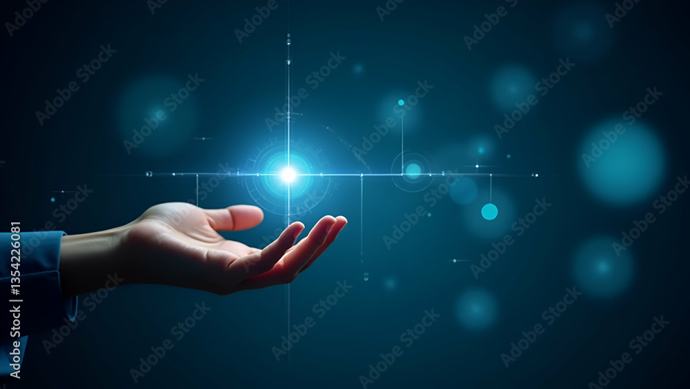 Poster hand interacting with holographic investment management services interface in empty space concept as