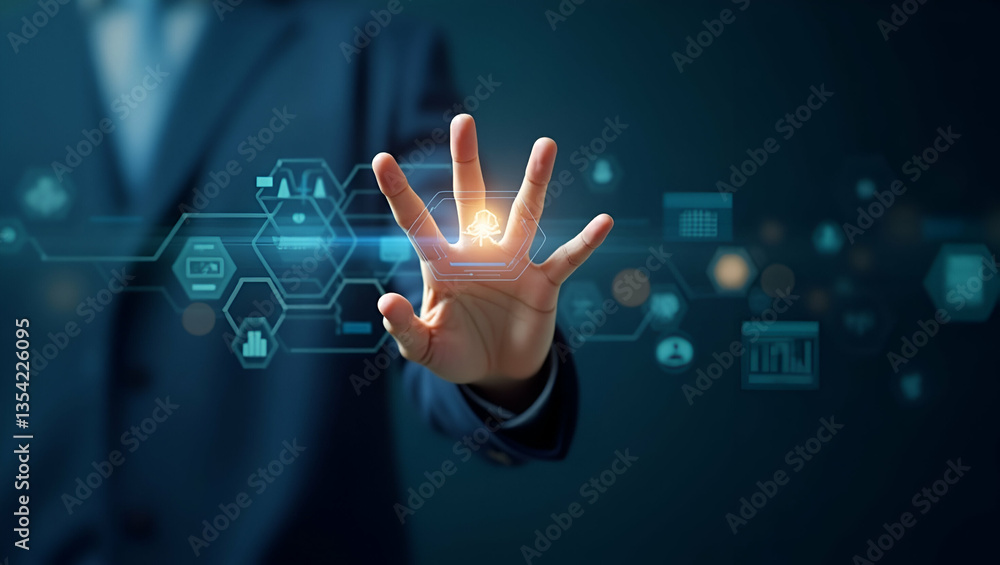Aufkleber engage with holographic investment management services: a hand interacting with a futuristic interfa