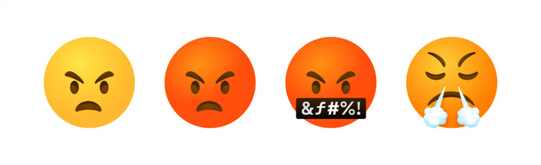 Emojis angry emoticon characters vector set. Emoji emoticon character in evil, drunk, mad, explode, tired and devil facial expression in white background. Vector 10 eps.
