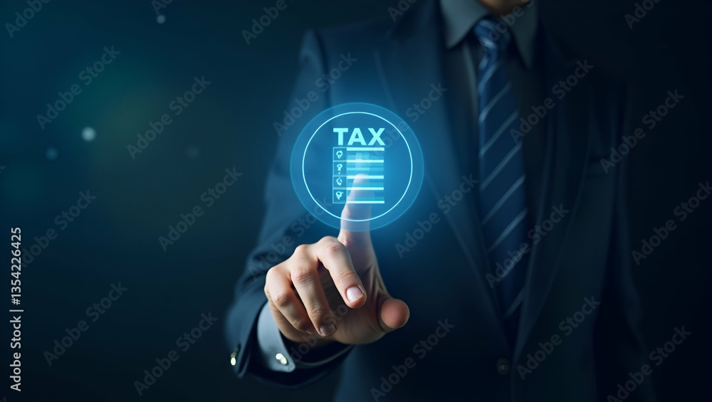 Poster explaining tax brackets: a hand interacting with a holographic device on an empty space background