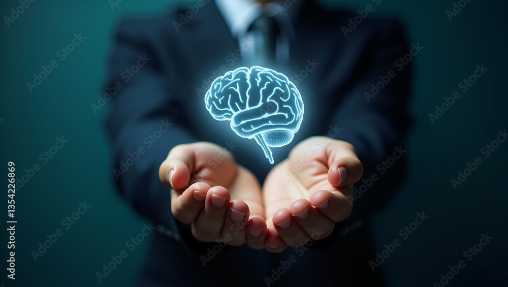 Poster flat hand presenting holographic reflection symbol representing growth mindset development reflectio
