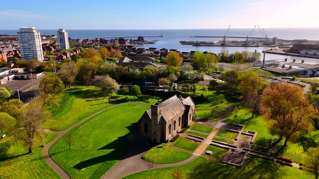 St Peter's Church Sunderland drone shot reverse circle.