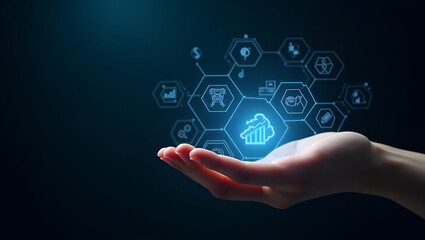 Flat Hand Navigating Holographic Stock Market Interface in Space