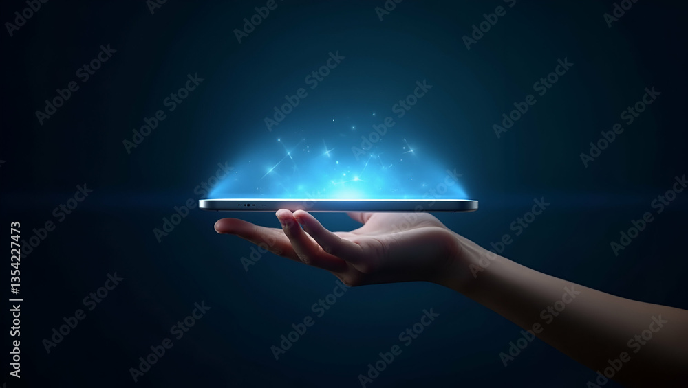 Poster flat hand presenting holographic device showcasing 4k digital wallpaper with empty space background 