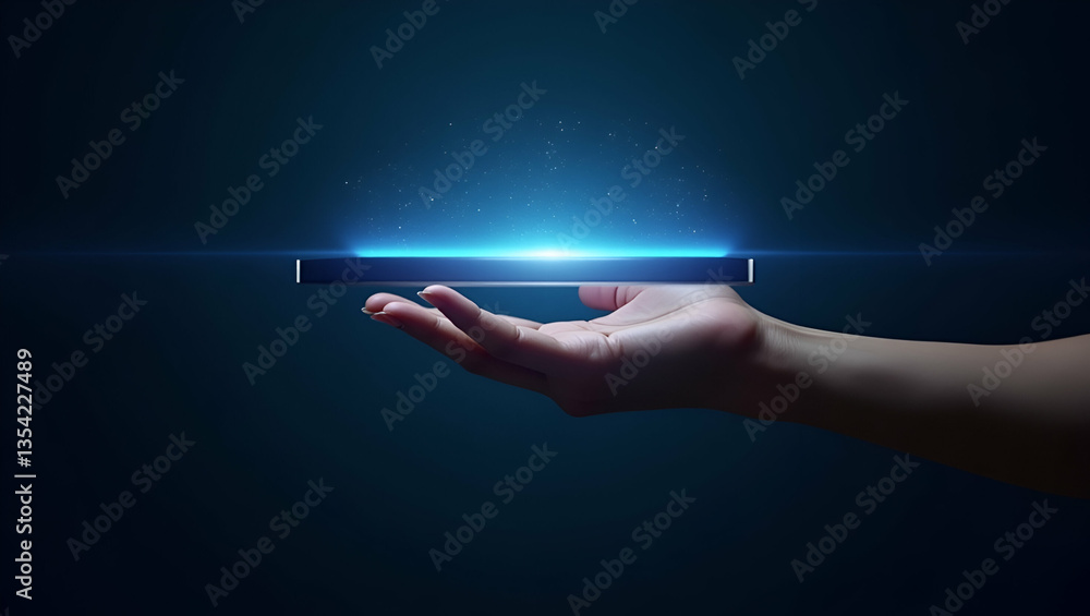 Poster flat hand presenting holographic device showcasing 4k digital wallpaper with empty space background 
