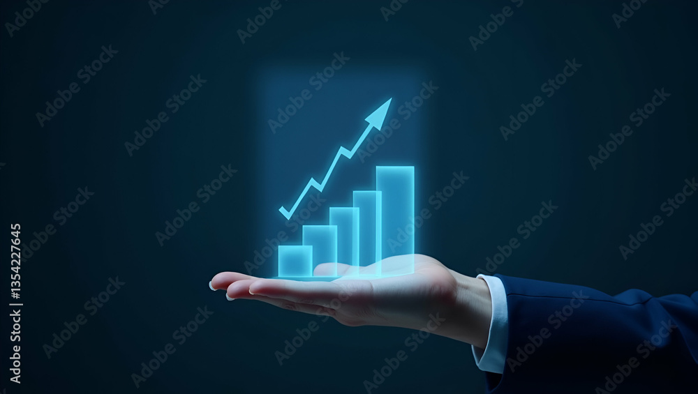 Poster flat hand interacting with holographic device: a cute vector illustration of evaluation process step