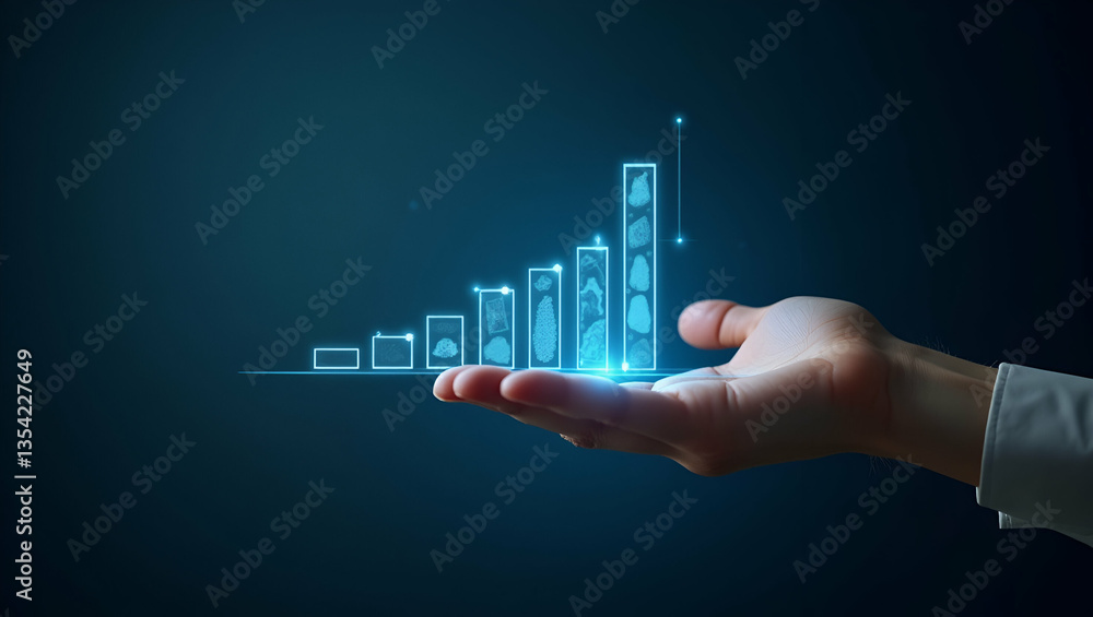 Poster flat hand using holographic device to display evaluation process steps with empty space background c
