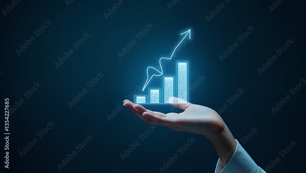 Poster flat hand interacting with holographic device: a cute vector illustration showcasing the evaluation 