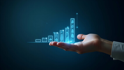Flat Hand using holographic device to display evaluation process steps with empty space background concept as A hand interacting with holographic device outlining steps in the evaluation process empha