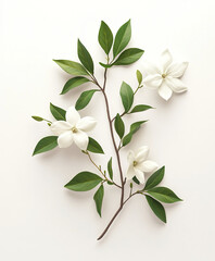 Obraz premium White flowers and green leaves on branch isolated on white background