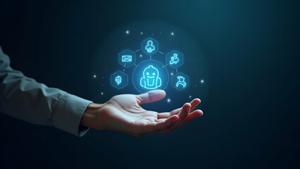Hand Holding Holographic Chatbot AI Interface for Customer Support in Empty Space Concept