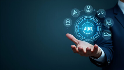 Hand Reviewing Holographic Business Audit Device: Analyzing Compliance Target Data with Icons in Empty Space - Innovative Concept for Business Audit and Compliance Solutions