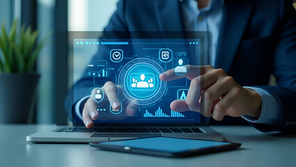 Innovative Holographic Business Audit Interface: Hand Interacting with Compliance Data Analysis Icons on Laptop in Empty Space for Financial Evaluation and Standard Certification