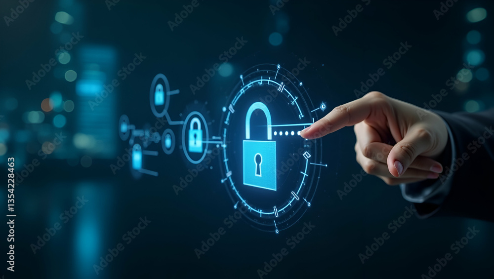 Poster secure your data: woman using holographic interface for cybersecurity