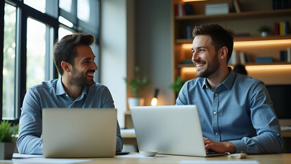 Two Diverse Male Employees Collaborate in Office: Happy Businessmen Sharing Ideas While Working on Laptops at Desk - Professional Teamwork Concept with Empty Space