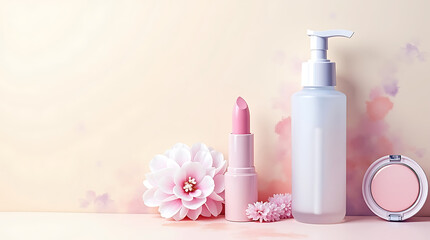 The scene features a silky highlighter compact, a soft pink lipstick, and a light pastel nail polish bottle,