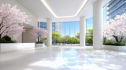 Fototapeta premium Modern Building Interior with Cherry Blossom Trees and City View Through Large Windows