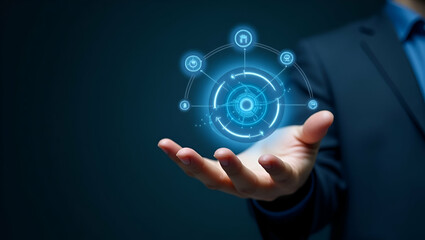 Flat Hand Reviewing Holographic Business Audit Device: Analyzing Compliance Target Data with Cute Vector Illustrations for Smart Business Insights in Empty Space