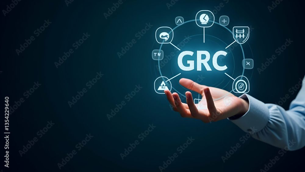 Poster flat hand interacting with holographic grc compliance interface showing governance risk compliance i