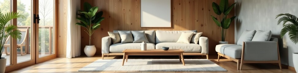 - Modern wooden living room with gray sofa, minimalist decor, cozy atmosphere, comfortable, contemporary