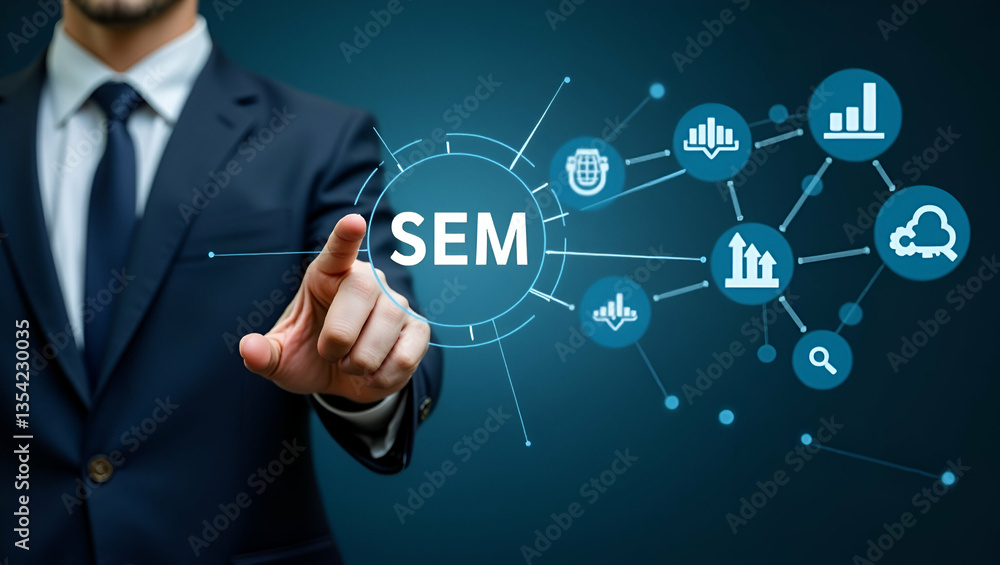 Poster flat businessman illustrating sem icons on digital interface: a cute vector representation of search