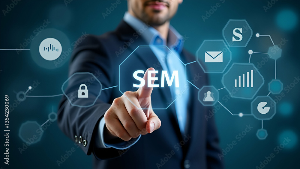 Poster flat businessman points to sem icons on digital interface representing search engine marketing seo s