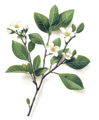 Branch with white flowers and green leaves on white background