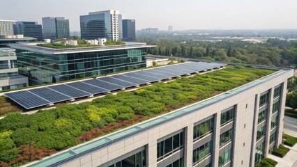 A modern building featuring a green roof with vegetation and solar panels, promoting sustainability and eco-friendly architecture.