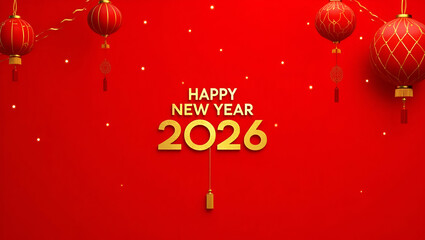 Gold Happy New Year 2026 Message with Chinese New Year Decorations on Red Background - Celebrate the Lunar Year of the Snake with Stunning Stock Photo Concept and Space for Your Custom Text