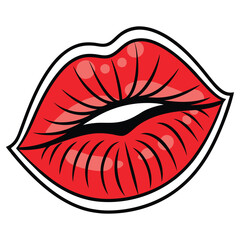 Cartoon Red Lips with Black Outline and Inner Details, Isolated on White Background