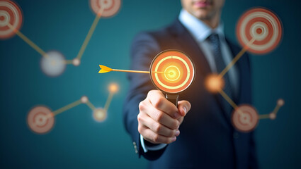Precision Marketing Strategy: Businessman with Magnifying Glass Focusing on Bullseye Target for Achieving Success in Goals and Objectives - Stock Photo Concept with Empty Space