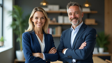 Flat Two happy executive managers mature business man and woman leaders successful partners professional team standing arms crossed in office at work looking at camera vertical portrait. concept as Tw