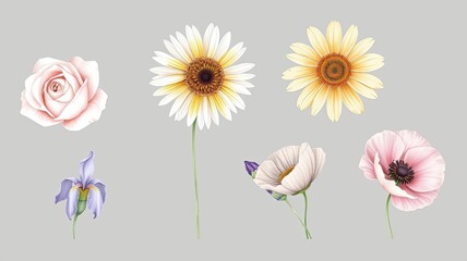 Pretty Pastel Flowers Rose Daisy Poppy Iris Floral Illustrations Botanical Art Spring Blooms