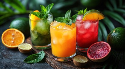 Tropical fruit cocktails with ice on dark background