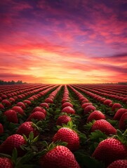 A vibrant strawberry field stretches toward a colorful sunset, showcasing rows of ripe strawberries against a stunning sky.