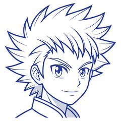 Line Art Manga Style Young Asian Boy with Spiky Hair, Blue Outline