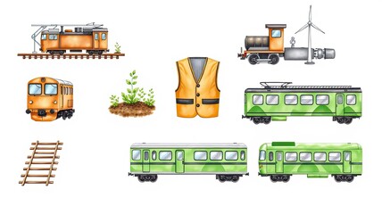 Trains Railway Transportation Green Orange Safety Vest Wind Turbine Plants Rails