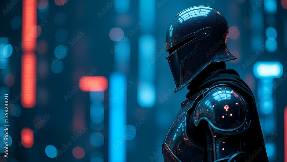 Poster knight digital armor standing guard over realm data futuristic security concept highlighting protect