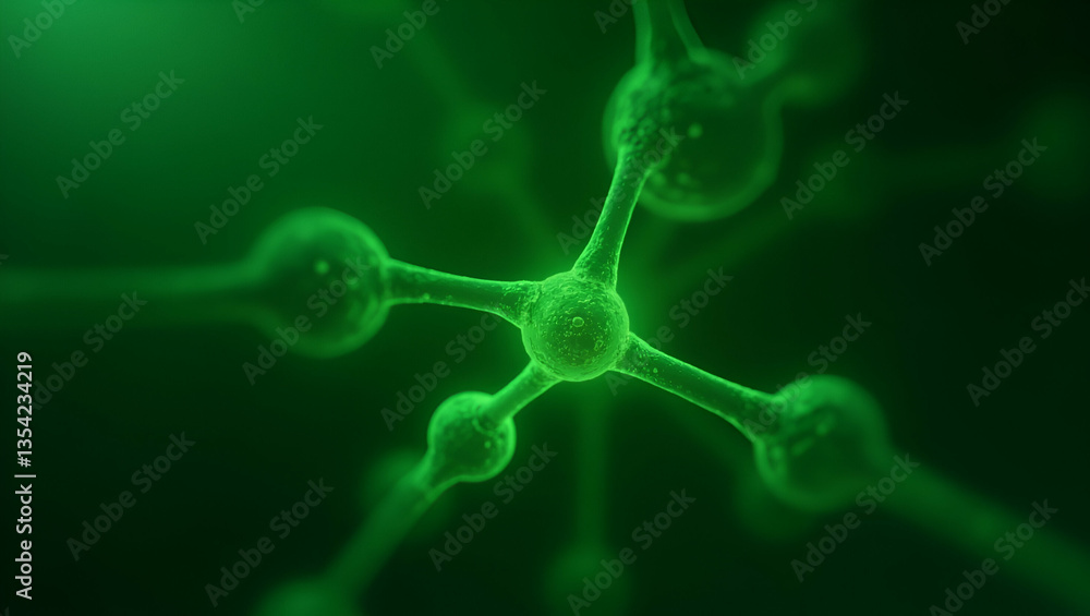 Poster abstract green molecular structure with glowing connections on blurred background - tech themes conc