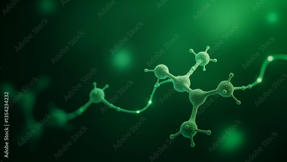 Poster abstract green molecular structure with glowing connections on blurred green background - illustrati