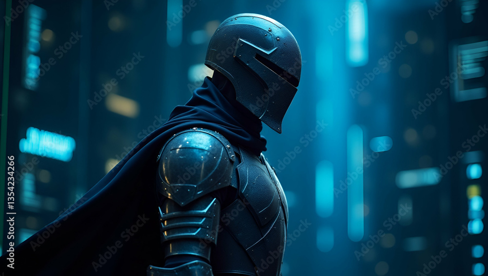 Poster futuristic cybersecurity: tech-infused knight in digital armor guarding the data realm - advanced pr