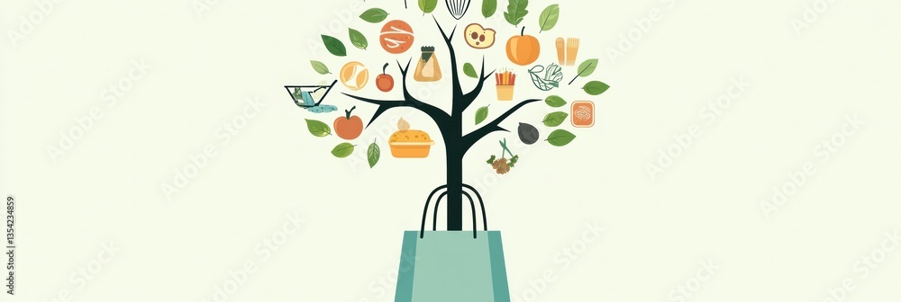 Poster creative illustration of a tree flourishing from a grocery bag with food icons representing a sustai