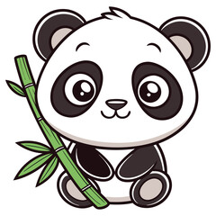 Cute Cartoon Panda Bear with Bamboo, Isolated on White. Round shape, detailed