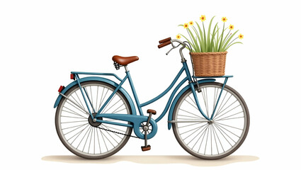 Vintage Charm: Flat Watercolor Illustration of a Blue Bicycle with Brown Wicker Basket Against a Wall - Simple and Cute Vector Art for Smart Business Appeal