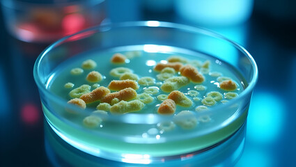 Exploring Advanced Microbiological Research: Closeup of Genetically Engineered Microorganisms in a Biotech Lab