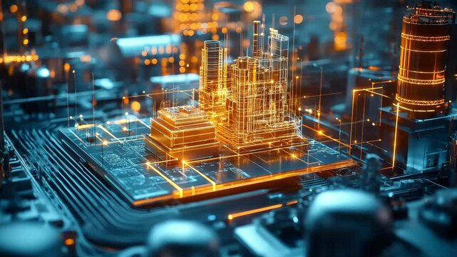 A glowing rotating holographic replica of a golden factory, city, or construction model, by building plan lines hologram, symbolizing the use of digital twins in optimizing business operations